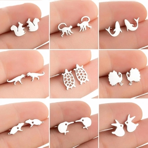 Pendientes de Botón de Acero Inoxidable con Forma de Animal para Mujer Oro Plata Oro Rosa Negro Pavo Real Gato Perro Mono Joyería Regalo