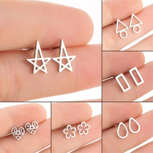 Minimalist Stainless Steel Geometric Stud Earrings For Women Star Heart Flower Water Drop Triangle Korean Fashion Jewelry