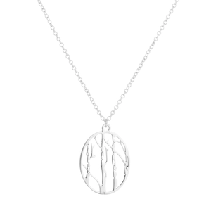 Makroaufnahme von silbernem ovalem Hohl-Anhänger mit kunstvollem Ast-Design auf feiner Kette