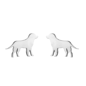 Polished silver stainless steel puppy dog silhouette stud earrings with heart detail