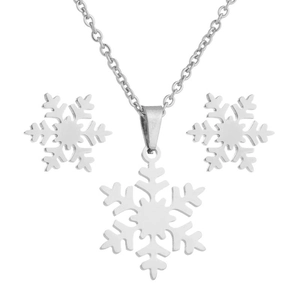 Detaillierte Ansicht des silbernen Schneeflocken-Schmucksets mit Halskette und Ohrsteckern