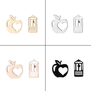 Stainless Steel Asymmetrical Apple Heart Pencil Stud Earrings Electroplated Fashion Jewelry Gift For Women School Theme