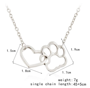 Detailed view of silver heart and paw print pendant necklace with precise dimensions