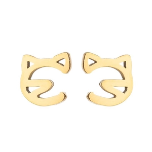 Detailed macro view of cute golden cat head stud earrings with minimalist hollow design