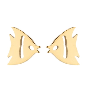 Macro detail of minimalist gold-plated tropical fish stud earrings with a polished finish