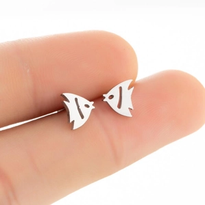 Chic hollow fish earrings in silver stainless steel held by hand for scale display