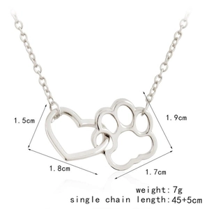 Silver geometric heart and paw print pendant necklace with size specifications