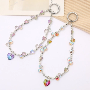 Colorful iridescent beaded teardrop heart keychain for phones and bags with silver clasp