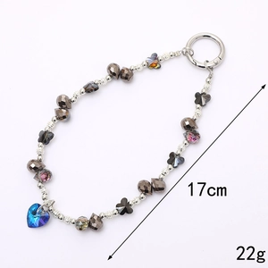 Blue crystal heart beaded keychain charm with black bow for handbags and phones, 17cm length