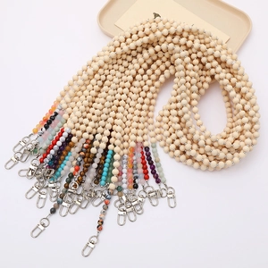 Handmade Wooden Beaded Natural Stone Crossbody Lanyard Replacement Chain Bag Strap For Women Phone Bag Charm Decor