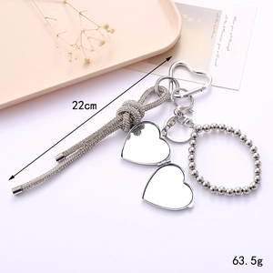 Portachiavi in strass argento con specchio a cuore e corda di diamanti, lungo 22cm