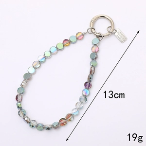 Iridescent beaded keychain featuring faceted crystal glass beads with silver metal spring ring