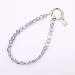 Elegant lilac crystal beaded phone lanyard with a polished silver spring clasp and tag