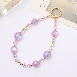 Creative purple mermaid crystal bead phone strap with golden butterfly and spring ring