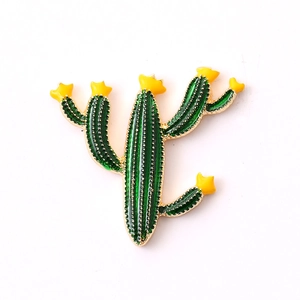 Golden cactus charm with dark green enamel and yellow star flowers for DIY accessories