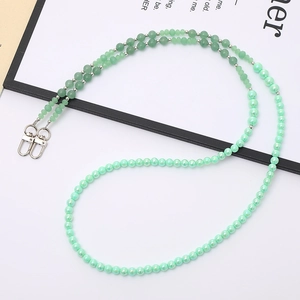 Crossbody green faux pearl and resin stone beaded lanyard with silver lobster clasps