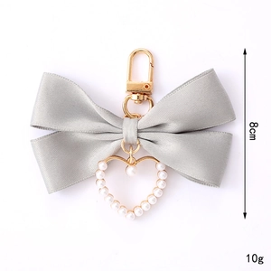 Gray silk bow keychain with pearl heart pendant and golden lobster clasp 8cm