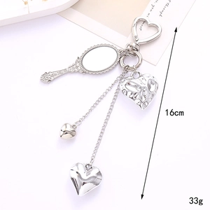 Y2K silver heart keychain accessory with vintage mirror charm and layered chains 16cm
