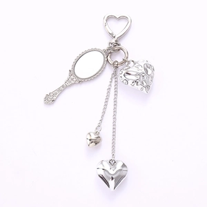 Y2K silver heart keychain with vintage mirror and multiple charms for bags