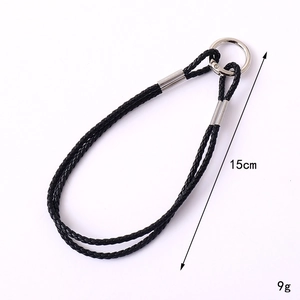 Fashionable black braided leather lanyard keychain with silver metal ring, 15cm length