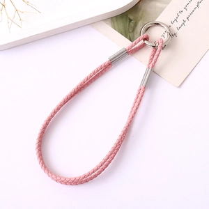 Pink braided leather wrist strap with silver metal ring for phone and keychains