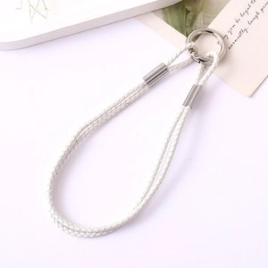 Detail of white braided leather lanyard with high-gloss silver metal ring and slider