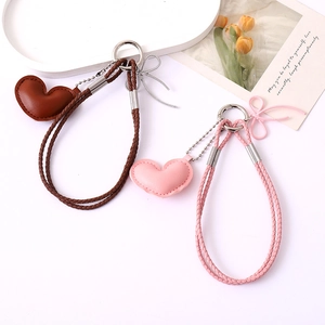 Fashion Heart Bow Braided Artificial Leather Keychain Wrist Strap Bag Charm Phone Lanyard For Women Accessories
