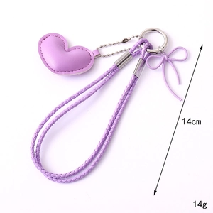 Lavender purple heart leather keychain with woven cord and bow pendant 14cm length