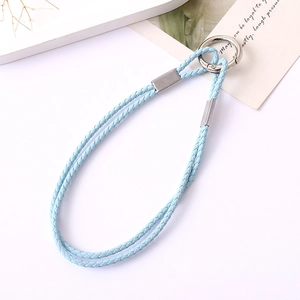 Light blue braided leather keychain lanyard with silver ring for bags and phones