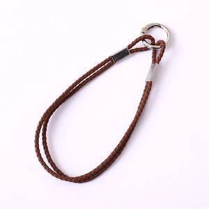Brown braided leather keychain strap with silver metal ring clasp for bags and keys