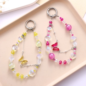 Handmade Beaded Butterfly Heart Keychain Creative Double Chain Bag Charm Acrylic Beads Phone Pendant Accessory For Women