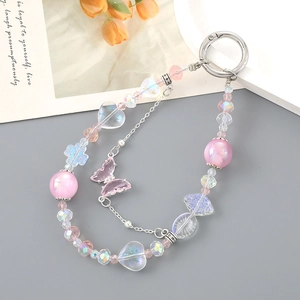 Pink mermaid heart and butterfly beaded phone charm with a silver spring clasp