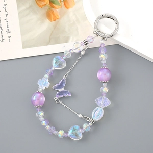 Purple mermaid heart and butterfly bead charm with silver metal ring for bags and phones