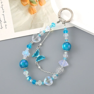 Blue butterfly heart beaded keychain with silver chain accessory for bags and phones