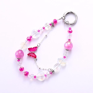 Pink heart beaded charm with butterfly pendant and silver clasp for bags and keys