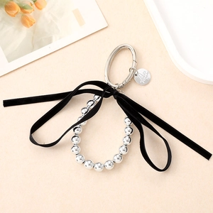 French vintage silver bead keychain with black velvet bow and oval carabiner clip