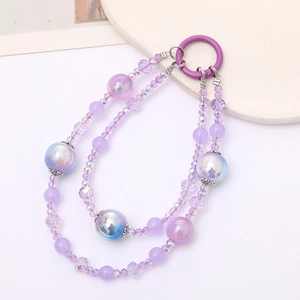 Bijou de téléphone double rangée de perles violettes cristal avec feuille d'or