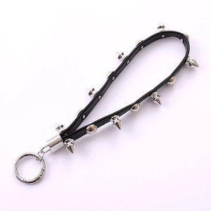 Punk style black leather lanyard with silver metal studs and spring ring clasp