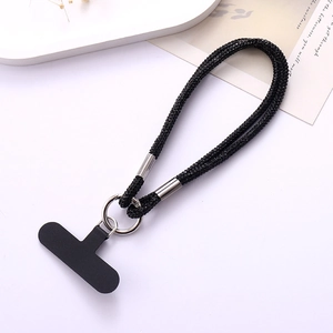 Close-up of double chain black rhinestone phone lanyard with silver carabiner and T-patch