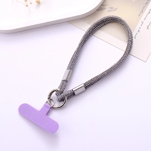 Luxury rhinestone phone lanyard with purple patch and silver metal ring for accessories
