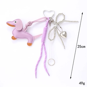 Purple leather dachshund keychain pendant with woven rope and metal heart carabiner, 25cm