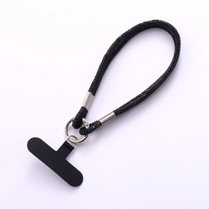 Dual-chain black rhinestone phone charm with silver metal ring and secure connector