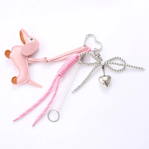 Pink leather dachshund dog keychain with heart clip and woven rope charm for bags