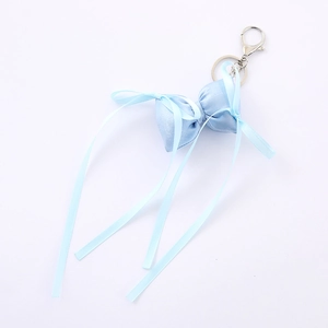 Light blue 3D ribbon bow keychain pendant with silver metal lobster clasp for bags