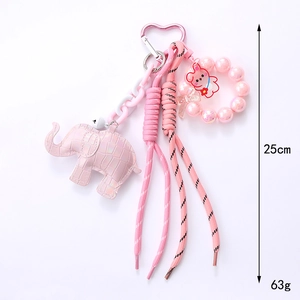 Portachiavi elefante in corda rosa e ciondolo coniglio per decorazione borsa