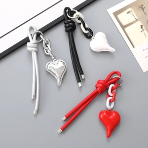 Braided leather heart keychain set in silver black and red for bags and cars