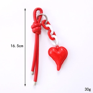 Red braided leather keychain with heart pendant and silver ring, 16.5cm total length