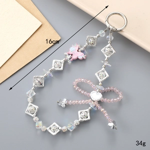 Pink crystal butterfly bag charm with beaded bow and rhinestone pendant, 16cm luxury keychain