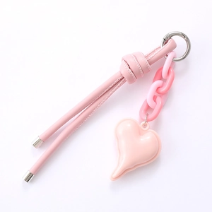 Pink heart keychain with PU braided leather strap and dual-tone plastic chain decoration