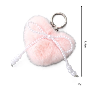 Porte-clés cœur en peluche rose avec nœud perlé et clip argenté pour sacs, hauteur 9,5 cm